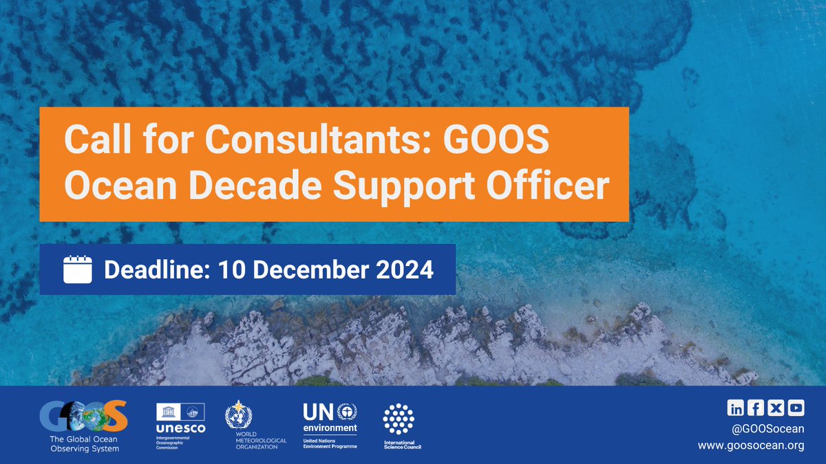 We are looking for a consultant to fill the role of the GOOS Ocean Decade Support Officer. This is a full-time, 11-month consultancy that will be carried out remotely. 

🗓️Deadline to apply: 10 December 2024
📄Read more: bit.ly/3V5xeAv