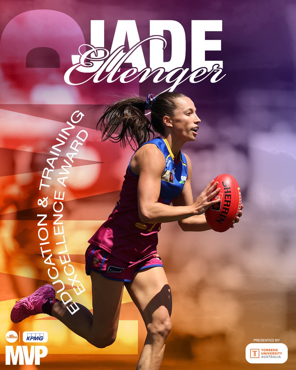 AFLPlayers's tweet photo. Congratulations to Jade Ellenger, the 2024 Education and Training Excellence Award winner, presented by @TorrensUni ππ
Already holding Bachelor of Paramedic Studies, Jade is completing a Master of Nursing Studies, displaying remarkable dedication to her education and football. https://t.co/r3rJLUbwP6