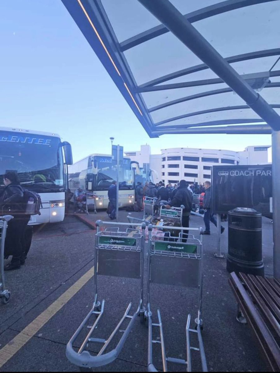 “We are being invaded” 🇮🇪
📍Dublin Airport, Sunday 9:30am
200 male-only migrants being loaded onto four private coaches.
They came from the airport terminal and were ushered onto private buses by officials in hi-vis jackets. #IrelandisFull 
Follow us for video updates and share