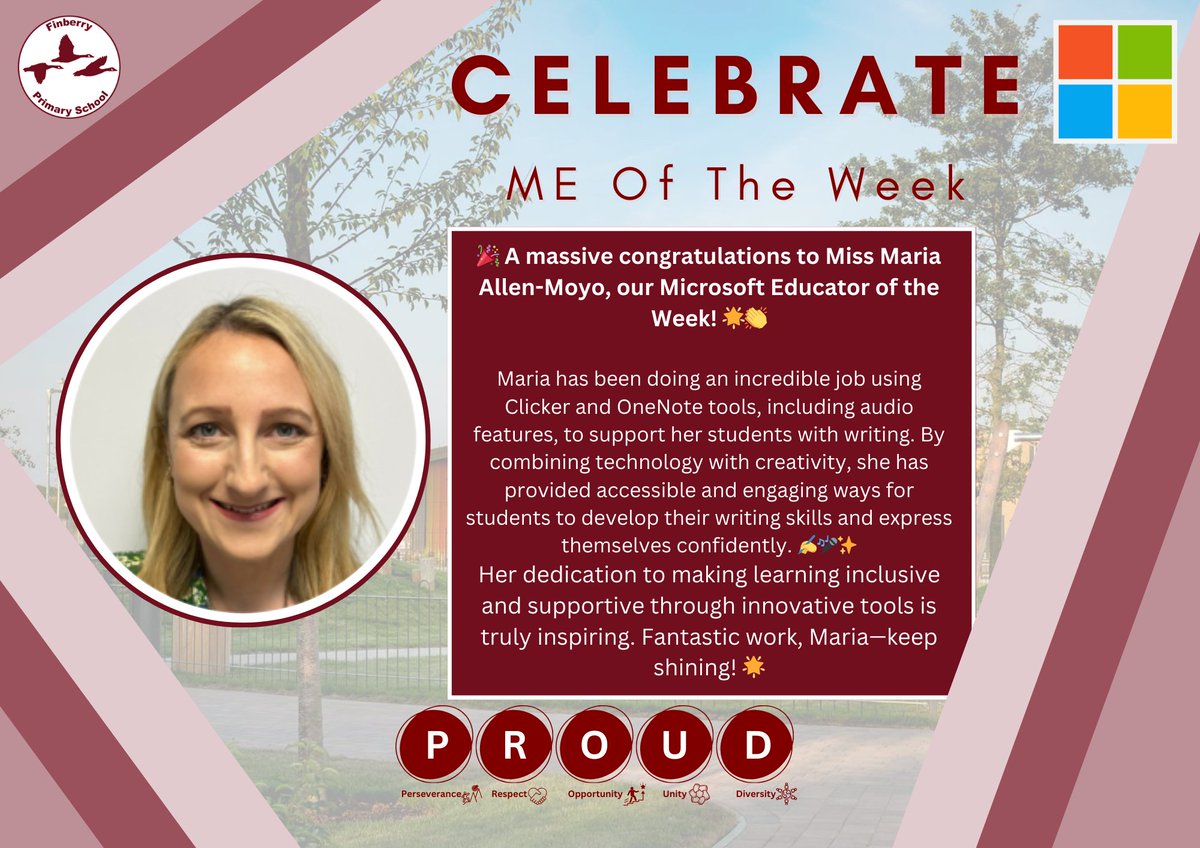 Finberry Primary School (@finberryprimary) on Twitter photo π Massive congratulations to Maria Allen-Moyo, our #Microsoft Educator of the Week! For her incredible use of Clicker and <a href="/OneNoteEDU/">OneNote Education</a> tools like audio features to support students' writing development. Such inspiring work, Maria! βοΈπ€β¨ <a href="/MicrosoftEDU/">Microsoft Education</a> #EdTech #MEOftheWeek π Massive congratulations to Maria Allen-Moyo, our #Microsoft Educator of the Week! For her incredible use of Clicker and <a href="/OneNoteEDU/">OneNote Education</a> tools like audio features to support students' writing development. Such inspiring work, Maria! βοΈπ€β¨ <a href="/MicrosoftEDU/">Microsoft Education</a> #EdTech #MEOftheWeek