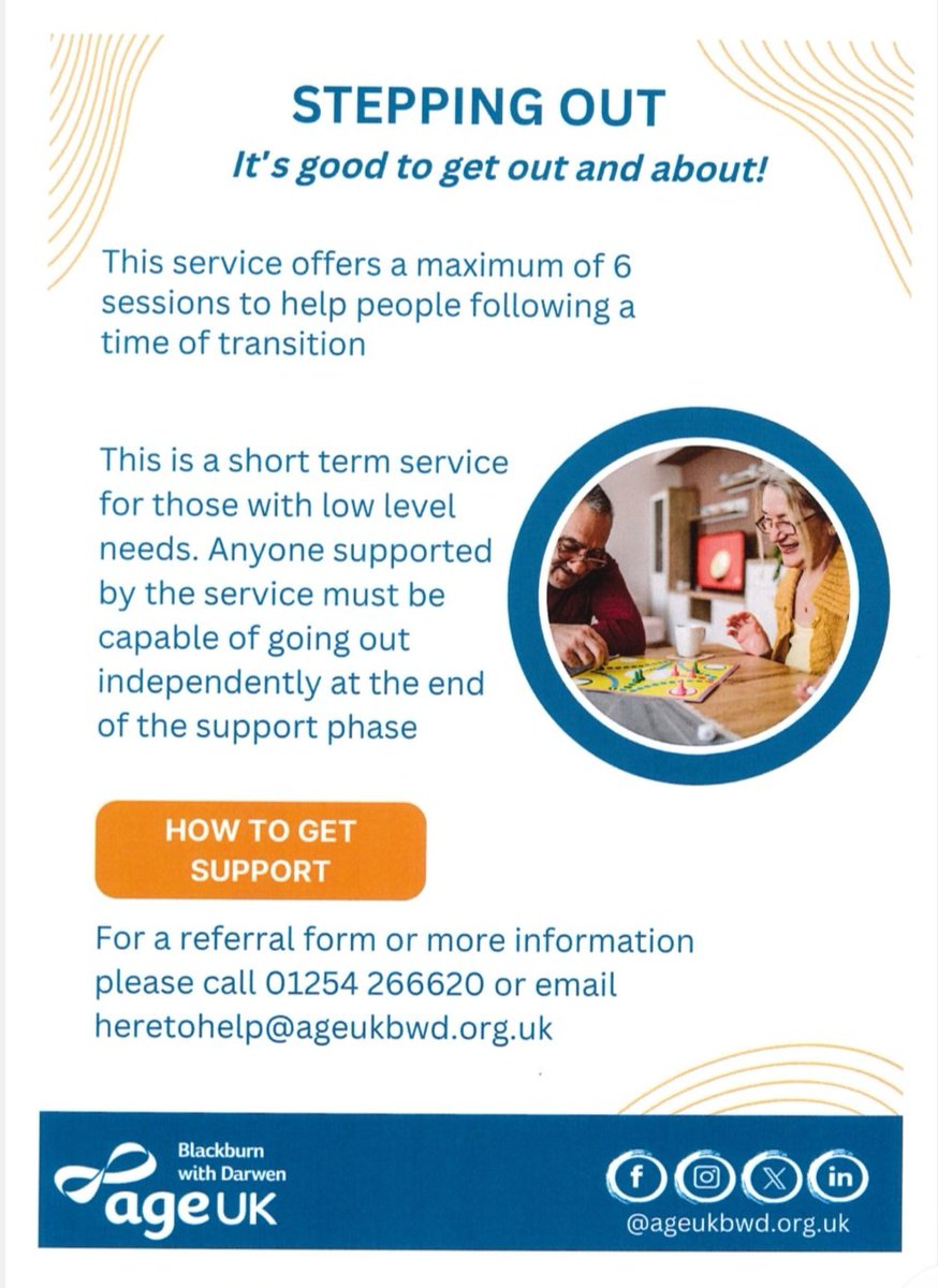 <a href="/AgeUKBwD/">AgeUKBwD</a> are delivering a short term service to support those aged 50+ who are able to leave the home independently but may need encouragement to get out and about 

For more information call 01254 266620 or email heretohelp@ageukbwd.org.uk