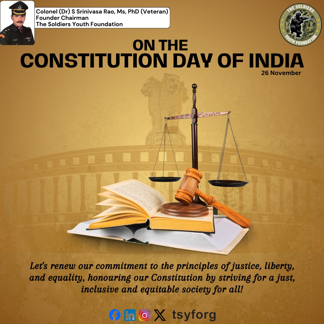 tsyforg's tweet photo. As we honor the Indian Constitution today, let’s pledge to uphold its values of unity and diversity as responsible citizens  

#soldiersyouthfoundation #ConstitutionDay #ConstitutionAt75 #संविधान_दिवस #IndiaAt75 #UnityInDiversity #जयभीम #JaiHind #army #ConstitutionDay2024 https://t.co/cCE7s1MtZH