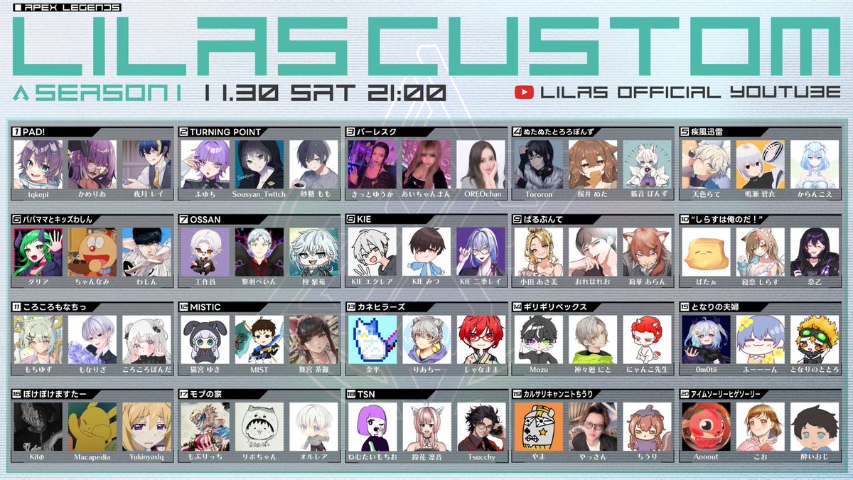 LILAS_Gaming's tweet photo. LILAS CUSTOM SEASON.1
11.30 21:00~

記念すべき第一回大会の詳細はコチラ✨
そうそうたるメンバーの中、栄冠を勝ち取るのはどのチームだ！？
#LILASCUSTOM https://t.co/clLl1tam53