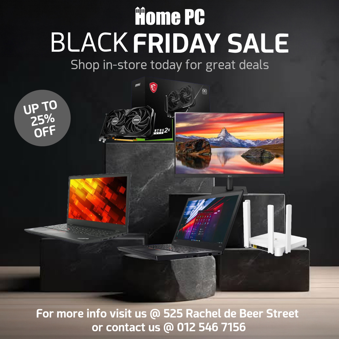 HomePCCC's tweet image. 🚨 BLACK FRIDAY SALE ALERT! 🚨

The biggest tech deals of the year are here! Get up to 25% OFF on laptops, monitors, graphics cards, and more! 🎉

📍 Visit us in-store: 525 Rachel de Beer Street
📞 Call us: 012 546 7156
📧 Email us: info@homepc.com

Offers in-store only.