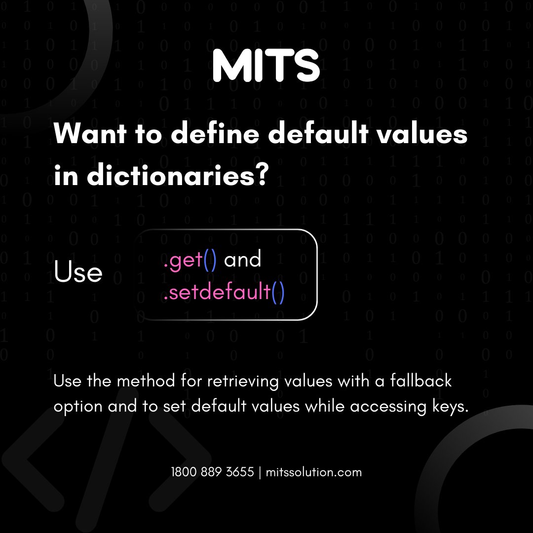 SolutionMits's tweet image. Master dictionary operations effortlessly! Use .get() to retrieve values with fallbacks and .setdefault() to assign default values seamlessly.
#PythonTips #ProgrammingMadeEasy #CodingSkills #DictionaryDefaults #LearnPython #PythonHacks #MITSSolution