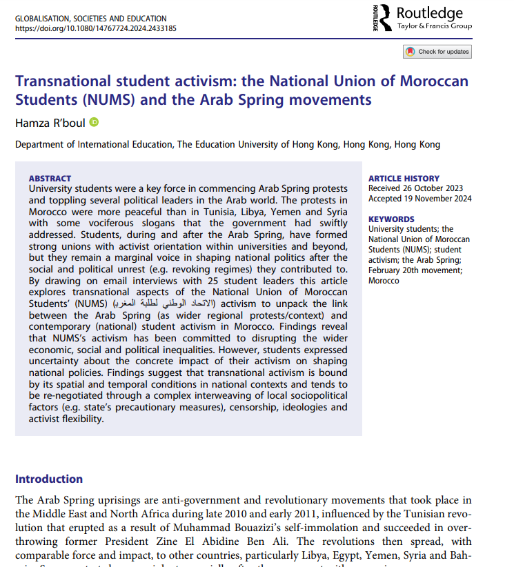 New journal article is out. It is titled "Transnational student activism: the National Union of Moroccan Students (NUMS)  (الاتحاد الوطني لطلبة المغرب)) and the Arab Spring movements".

tandfonline.com/eprint/XIPN7CR…