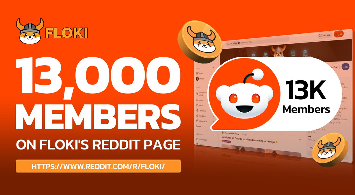 FLOKI's tweet image. The #Floki Reddit page has reached 13,000 members! 🎉

If you're not a member yet, check it out! 

/r/floki is an endless source of info and updates about $FLOKI.

It's also a forum for questions, discussions, ideas, and more.

Join here 👉 reddit.com/r/Floki/