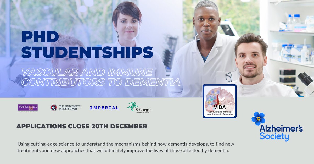 Dementia Researcher (@demrescommunity) on Twitter photo 🧠 Blood flow & immune response are key to understanding dementia. The <a href="/alzheimerssoc/">Alzheimer's Society</a> funded VIDA DTC unites 4 UK institutions to train future leaders tackling these challenges. 9 PhD's available, 14 projects to choose from. Apply by 20 Dec
dementiaresearcher.nihr.ac.uk/phd-studentshi… 🧠 Blood flow & immune response are key to understanding dementia. The <a href="/alzheimerssoc/">Alzheimer's Society</a> funded VIDA DTC unites 4 UK institutions to train future leaders tackling these challenges. 9 PhD's available, 14 projects to choose from. Apply by 20 Dec
dementiaresearcher.nihr.ac.uk/phd-studentshi…