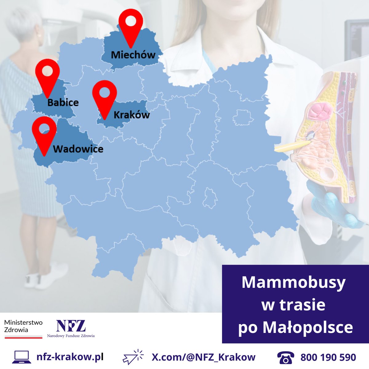 NFZ_Krakow's tweet photo. 👩👱♀️ Masz 45-74 lata?
🎀 Regularnie badaj piersi w programie profilaktycznym @NFZ_GOV_PL i miej pewność, że jesteś zdrowa ❣️
W pracowni stacjonarnej lub mammobusie.
🗺️ Dziś #mammobus w:
#Miechów,
#Babice,
#Kraków,
#Wadowice.
ℹ️ https://t.co/1f3azkJpEx https://t.co/otlMkrn6bP