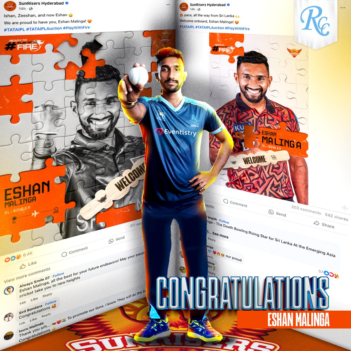 Huge congratulations to our very own Eshan Malinga on being picked by Sunrisers Hyderabad for the IPL! 🧡🏏 This is a massive milestone in your career, and we couldn’t be prouder to see you representing Ragama CC on such a global stage🌟

#PlayWithFire #RagamaTogether #TATAIPL