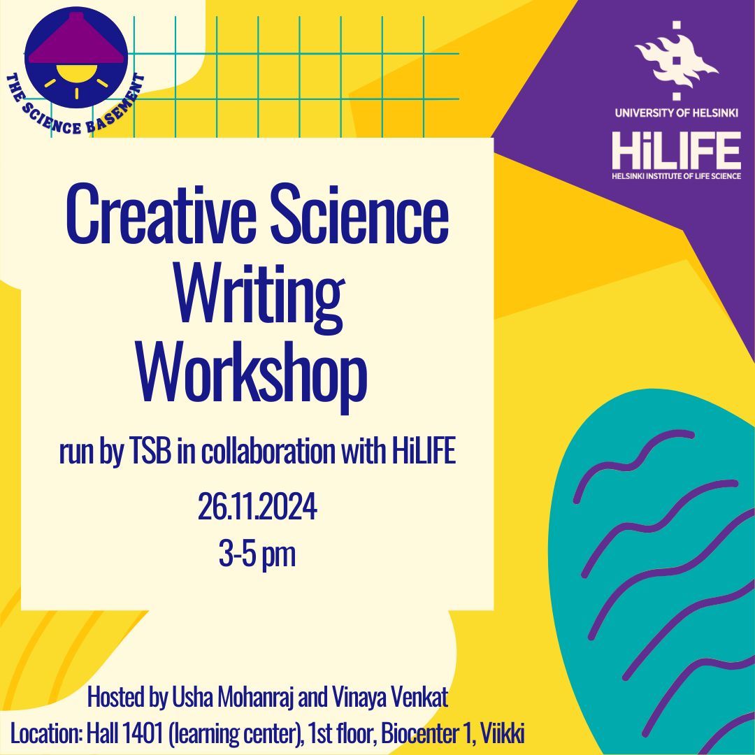 🌟 Stay tuned today for our Creative Science Workshop 🧪✨ hosted by Usha Mohanraj and Vinaya Venkat from TSB and brought to you in collaboration with HiLIFe. 
⏰ Time: 3 PM - 5 PM
📍 Where: Hall 1401 (learning center), 1st floor, Biocenter 1, Viikki campus
✨ See you there! 🚀