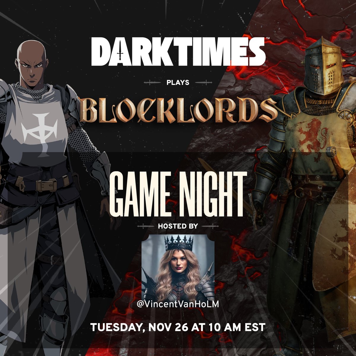 playDARKTIMES's tweet photo. 🎮 Gamers, gear up! 

In celebration of our partnership, @BLOCKLORDS and @playDARKTIMES are throwing down in a battle of wits, grit, and glory. Think you’ve got the skills to dominate the medieval madness? Prove it.

⚔️ Outplay. Outsmart. Outlast. Or just get outplayed.

🗓️ Tuesday, November 26th at 10:00 AM EST
🏆 10 Heroes up for grabs—win or regret it forever.
📍 BLOCKLORDS Discord 

It’s more than a game—it’s a battlefield. Show up or get left in the shadows. 😏