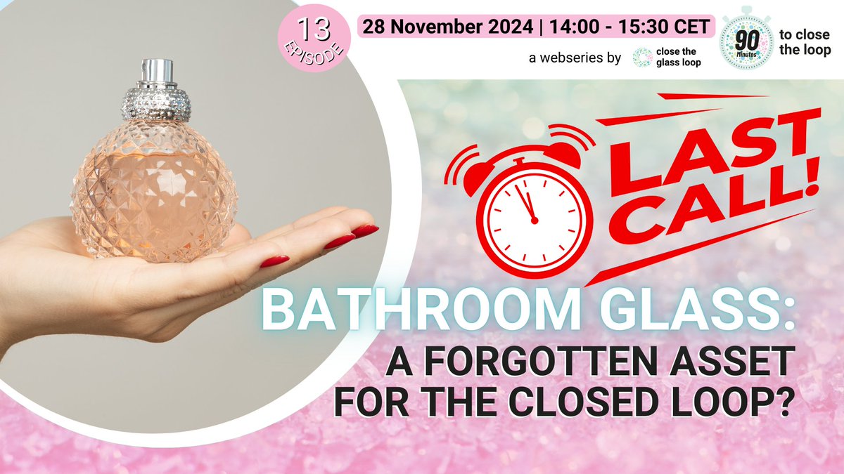 📅 Just 24 hours left! Registrations for the #90MinutesCGL are still open!

Join us tomorrow for an in-depth exploration of the challenges and opportunities in the glass packaging circular economy, focusing on the bathroom glass. 🌍

Register here 👉 alturl.com/297vy