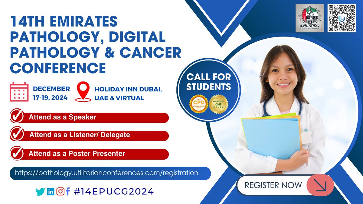 Pathology Experts (@pathologyexper1) on Twitter photo Call For Student Registration!! 
The 14th Emirates Pathology, Digital Pathology & Cancer Conference from December 17-19, 2024 in Dubai, UAE & Virtual.
Register Now: pathology.utilitarianconferences.com/registration
📝 Registration Deadline: November 30th, 2024
#pathology #bonepathology #softtissue Call For Student Registration!! 
The 14th Emirates Pathology, Digital Pathology & Cancer Conference from December 17-19, 2024 in Dubai, UAE & Virtual.
Register Now: pathology.utilitarianconferences.com/registration
📝 Registration Deadline: November 30th, 2024
#pathology #bonepathology #softtissue