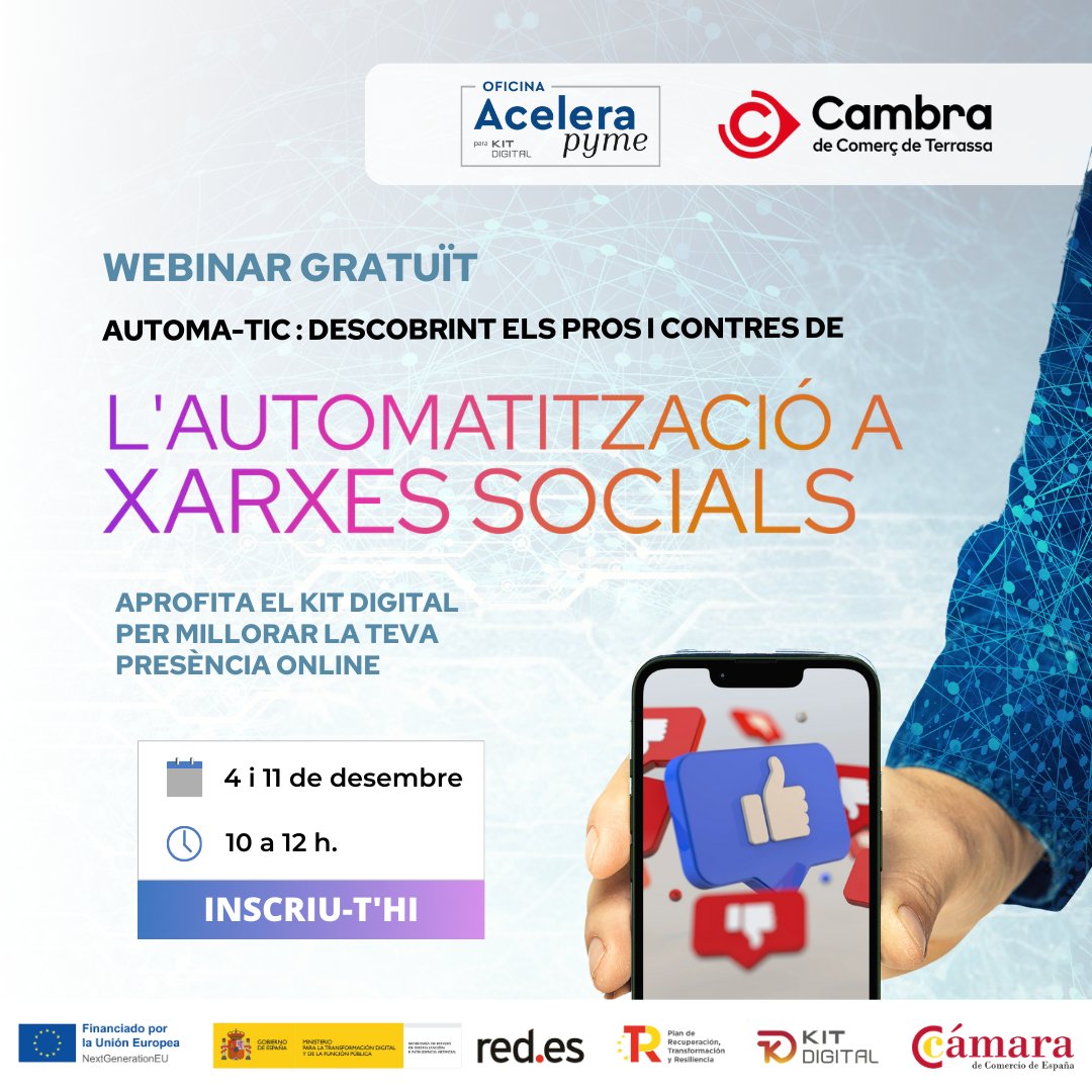 CambraTerrassa's tweet photo. Vols maximitzar l’eficiència i mantenir una connexió real amb la teva audiència? 🚀Aprofita el #KitDigital per a millorar la teva presència #online 🌐 i descobrir com gestionar les #XXSS de manera eficient.

📅 4 i 11 de desembre
🕙 10 h.
💻 Online

Últims dies per inscriure't 🔗https://t.co/6AGhHXll94