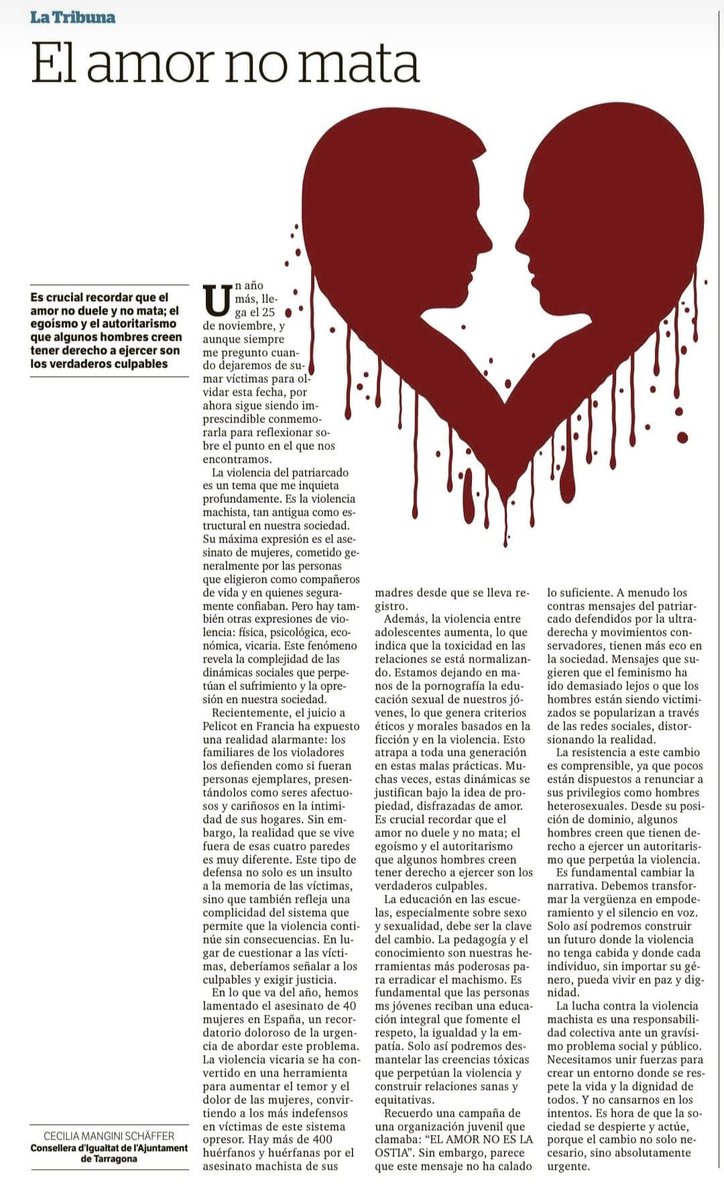 🔴 Article de la consellera <a href="/Cecimangini/">CeciMangini</a> al <a href="/diaridtarragona/">Diari de Tarragona</a>:

🗣 "És absolutament necessari recordar que l'amor no mata; l'egoisme i l'autoritarisme, que alguns homes volen tenir dret a exercir, són els veritables culpables". ✊🏼💜