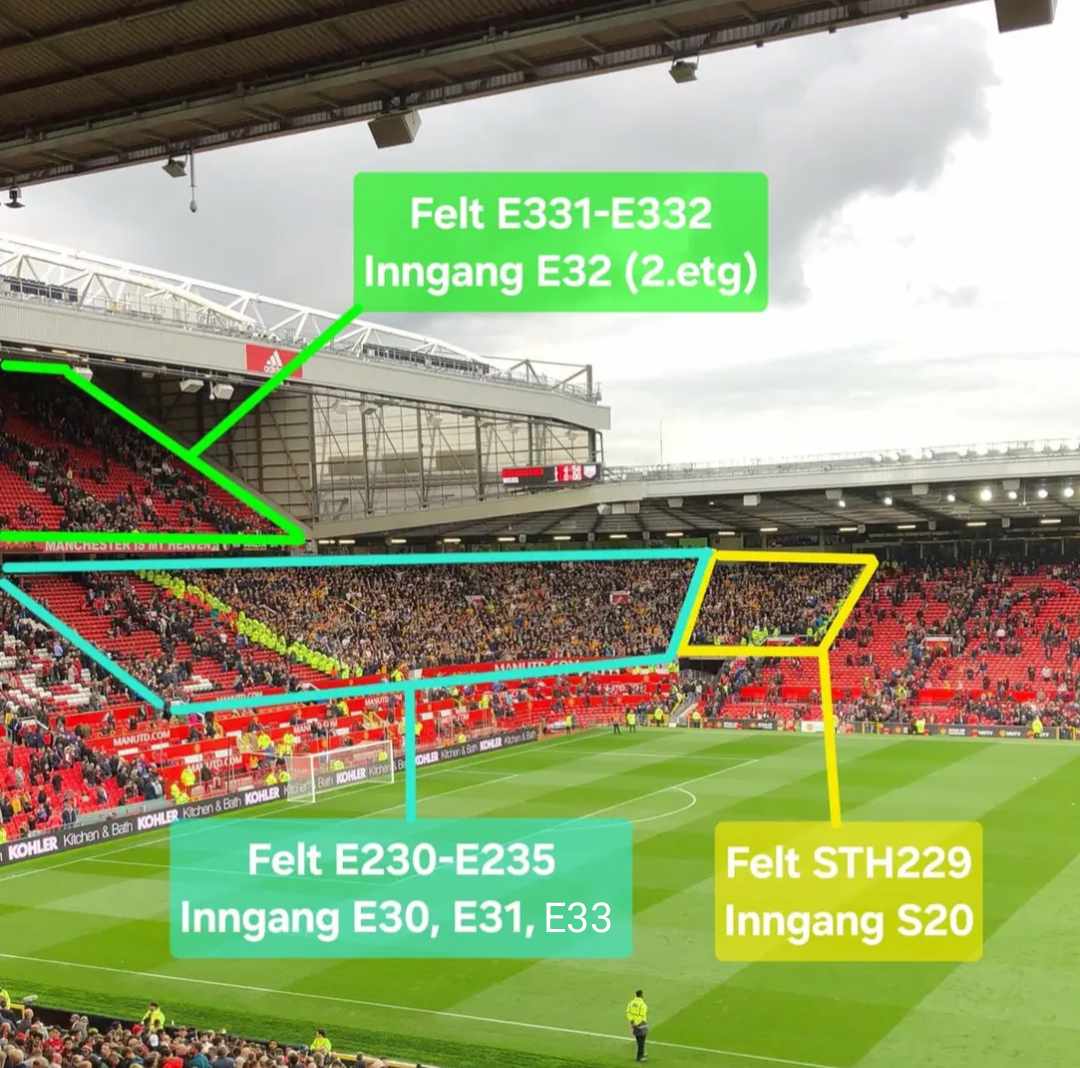 Dette er de tre områdene vi har fått på stadion, og inngangene vi skal benytte for å komme inn på dem. Når man er inne på området kan man ikke bevege seg over til et annet utenfor det som er markert, men innenfor markeringene er det free seating.