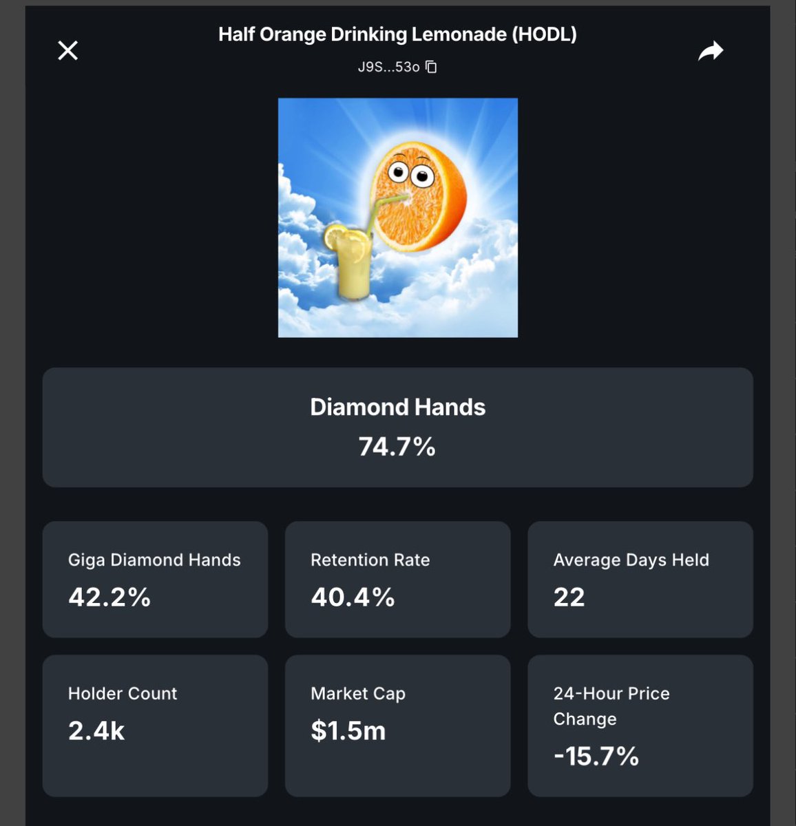 Interesting, have a look at these numbers for $hodl 

Floor has been priced in, nothing but diamond handed Chads.

J9SXKctbZVws65vjBHL91mqStzq5an1xZxdi6a4h853o