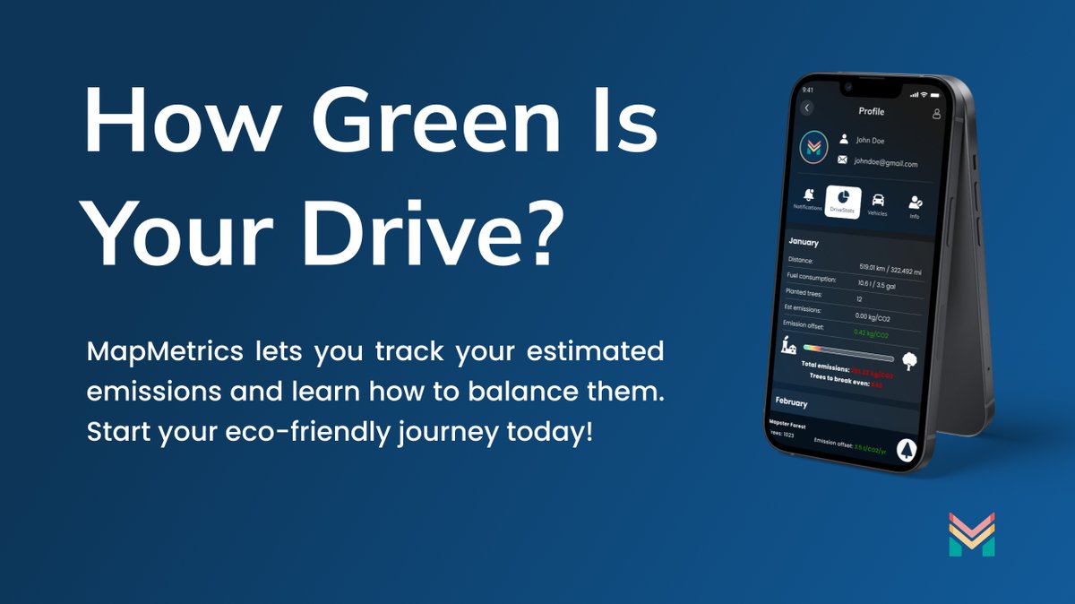 MapMetrics's tweet image. Ever wondered how eco-friendly your drive is? 

With MapMetrics, you can:

🌳 See how many trees it takes to offset your emissions

🚗 Track your trip&apos;s estimated carbon footprint

Ready to check your stats?

1️⃣ Open the main menu
2️⃣ Head to Profile
3️⃣ Tap on DriveStats

It’s all…