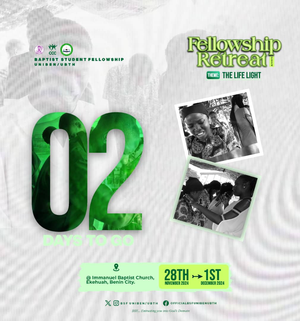 bsfunibenubth's tweet photo. Only 2 days left! 💃💃💃

The countdown is almost over, and we can’t wait for what God has in store! 🔥

 Kabaye!! We have Entered🔥🔥

#bsfunibenubth #fellowshipretreat2024 #countdown #2daystogo #uniben #unibenstudents https://t.co/vyD3Sgy3Zy