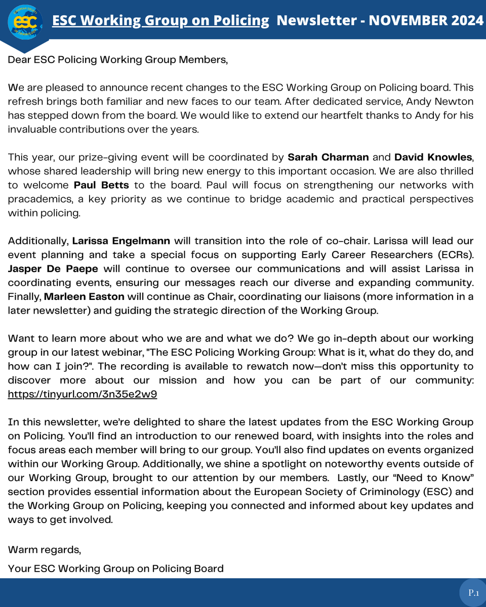 WorkingEsc's tweet image. 🚨Check out our latest newsletter🚨 featuring:
✨ Meet the Board
📅 Must-attend events
🌟 In the spotlight
💡 Key insights into ESC &amp;amp; our Working Group
Stay informed &amp;amp; engaged! 👇
#PolicingResearch @esc_eurocrim