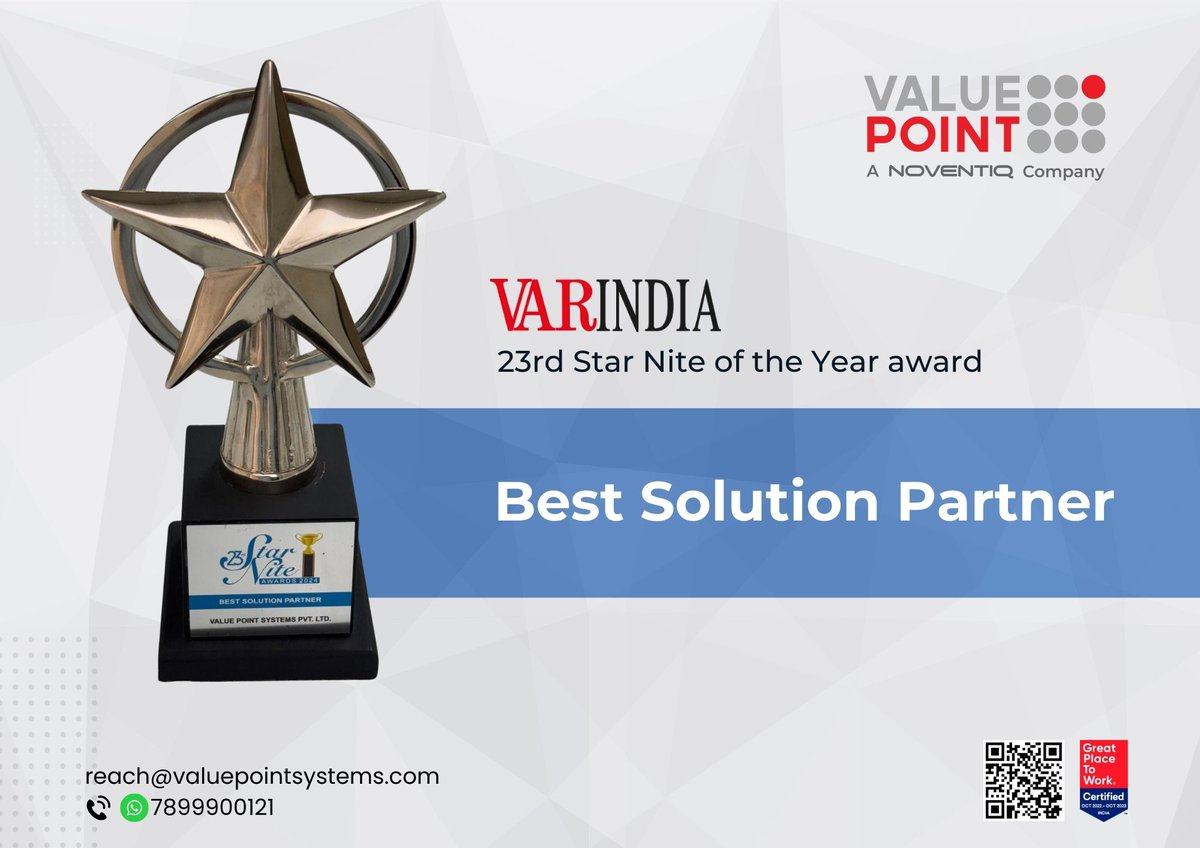 valuepointsys's tweet image. 🎉 Value Point Systems Honored as Best Solution Partner! 🎉
We are proud to share that @valuepointsys , a Noventiq company, has been recognized as the Best Solution Partner athe prestigious 23rd Star Nite Awards hosted by VARINDIA.
#BestSolutionPartner #ValuePointSystems
