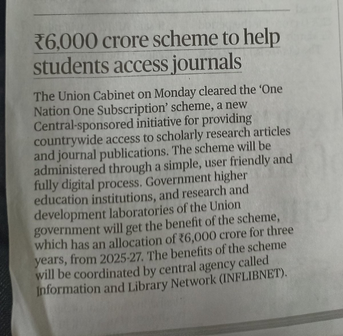 satishnagarajan's tweet image. Union cabinet cleared &apos;1 nation 1 subscription&apos; scheme for providing country wide access to scholarly #researcharticles &amp;amp; #journal publications.