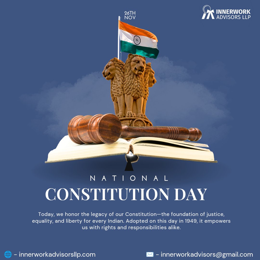 Innerworkllp's tweet photo. Celebrating #ConstitutionDay! Honoring the visionaries who gave us our guiding light, empowering, protecting &amp; uniting us. 
Let's pledge to uphold its values &amp; build a stronger, inclusive India #SamvidhanDivas #IndianDemocracy https://t.co/rvw5EOl5rH