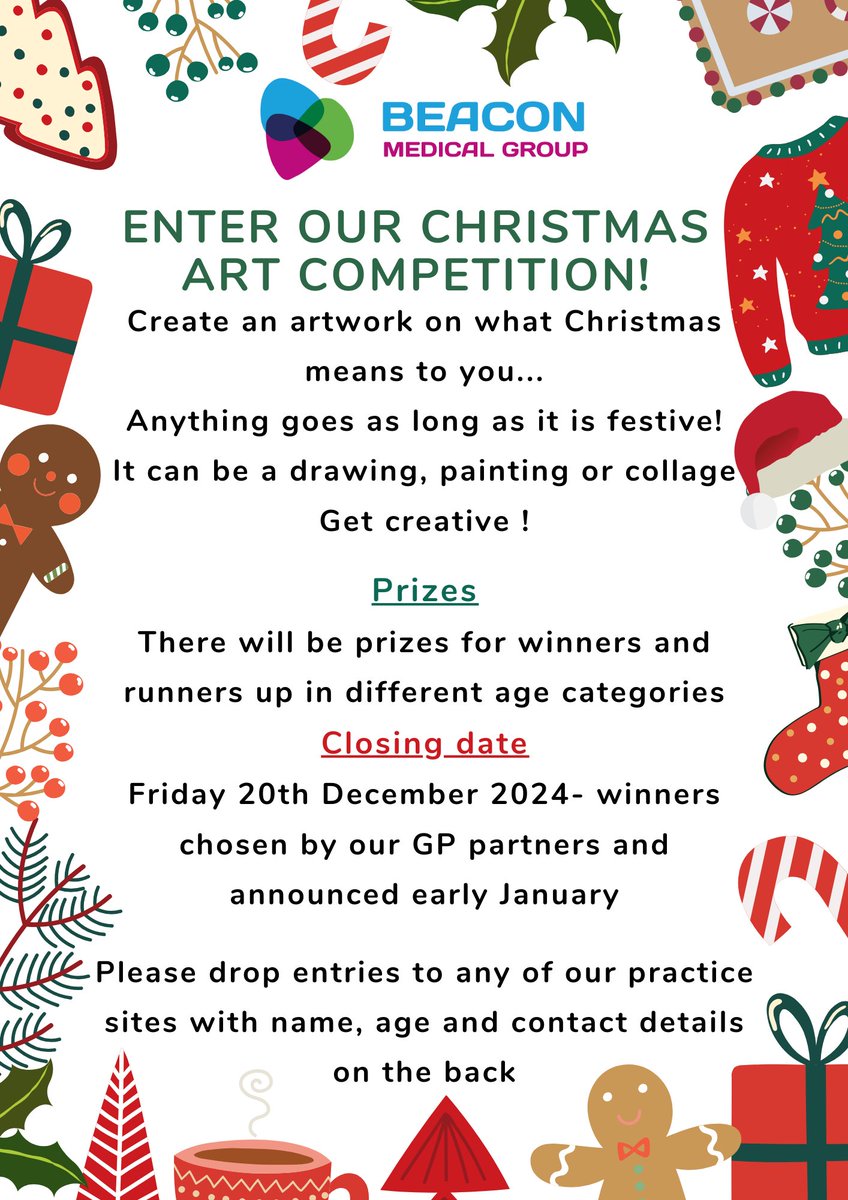 Beacon Medical is holding its annual Christmas artwork competition!
Please see the information below on how your child can be involved