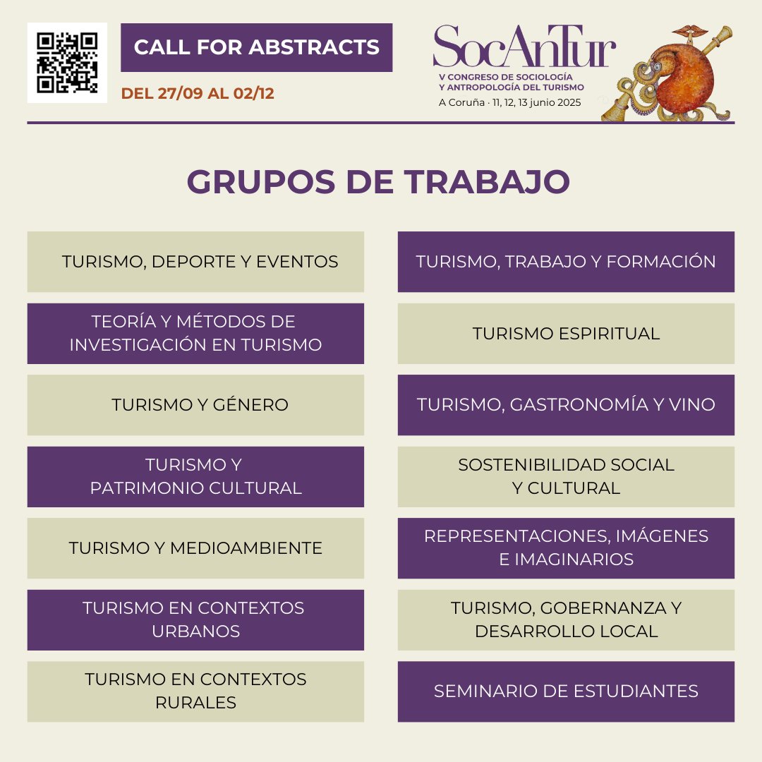 ‼️ Últimos días para el envío de comunicaciones: hasta el 02/12
 
🔎 En SOCANTUR buscamos trabajos que aborden el turismo desde una perspectiva socio-antropológica y con un pensamiento crítico, que encajen con alguno de nuestros grupos de trabajo.

+ info: socantur.com