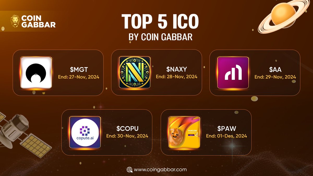 coin_gabbar_'s tweet photo. 🔥Top 05 ICO by #CoinGabbar🔥
ICO End Date
▶️$MGT - 27-Nov.
▶️$NAXY - 28-Nov.
▶️$AA - 29-Nov.
▶️$COPU - 30-Nov.
▶️$PAW - 01 Dec.
Visit:- https://t.co/LfvAtby1nH
#TopICO #Moongate #MGT #NAXY #LatestICO #Arthera #AA #CoputeAI #COPU #Pawcoin #Paw #CryptoInvestments #CoinGabbar