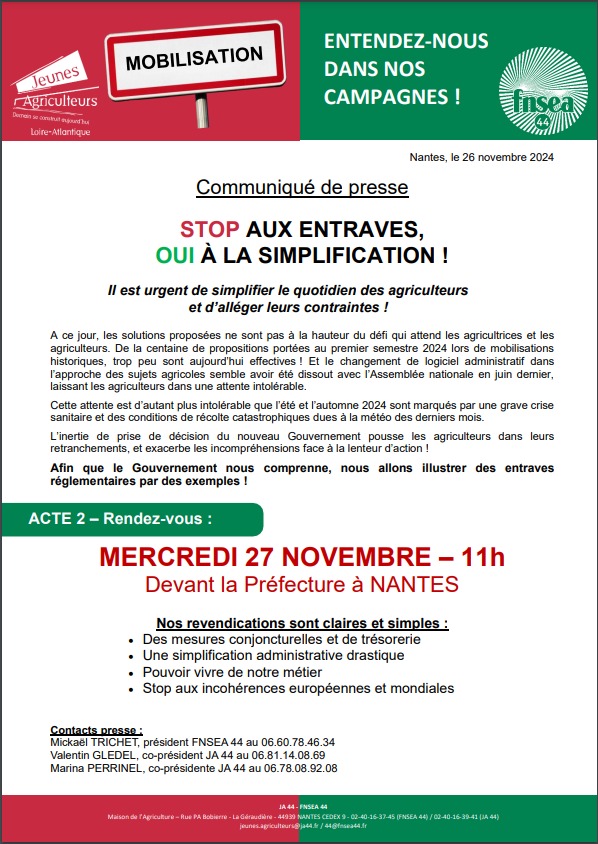 [📢Appel à mobilisation
🚨ACTE II ]
👊🔥On marche encore sur la tête !! 

La FNSEA44 et <a href="/jeunesagri44/">Jeunes Agriculteurs de Loire-Atlantique JA44</a> appellent les agriculteurs à se mobiliser Mercredi 27 novembre à Nantes, contre l'accumulation normative !
#Pasdefutursansagriculture #AgriculteursEnColere 
#FNSEA