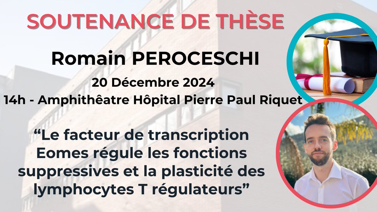 Infinity Toulouse (@infinitytls) on Twitter photo Nous avons le plaisir  d'annoncer la soutenance de thèse de notre étudiant 👉Romain Peroceschi qui  aura lieu le 20.12.2024 à 14h00, Salle Pierre Paul Riquet, CHU de Purpan. Nous vous invitons à venir découvrir ses travaux de thèse (détail dans l'annonce).  
Venez le soutenir !🙂 Nous avons le plaisir  d'annoncer la soutenance de thèse de notre étudiant 👉Romain Peroceschi qui  aura lieu le 20.12.2024 à 14h00, Salle Pierre Paul Riquet, CHU de Purpan. Nous vous invitons à venir découvrir ses travaux de thèse (détail dans l'annonce).  
Venez le soutenir !🙂