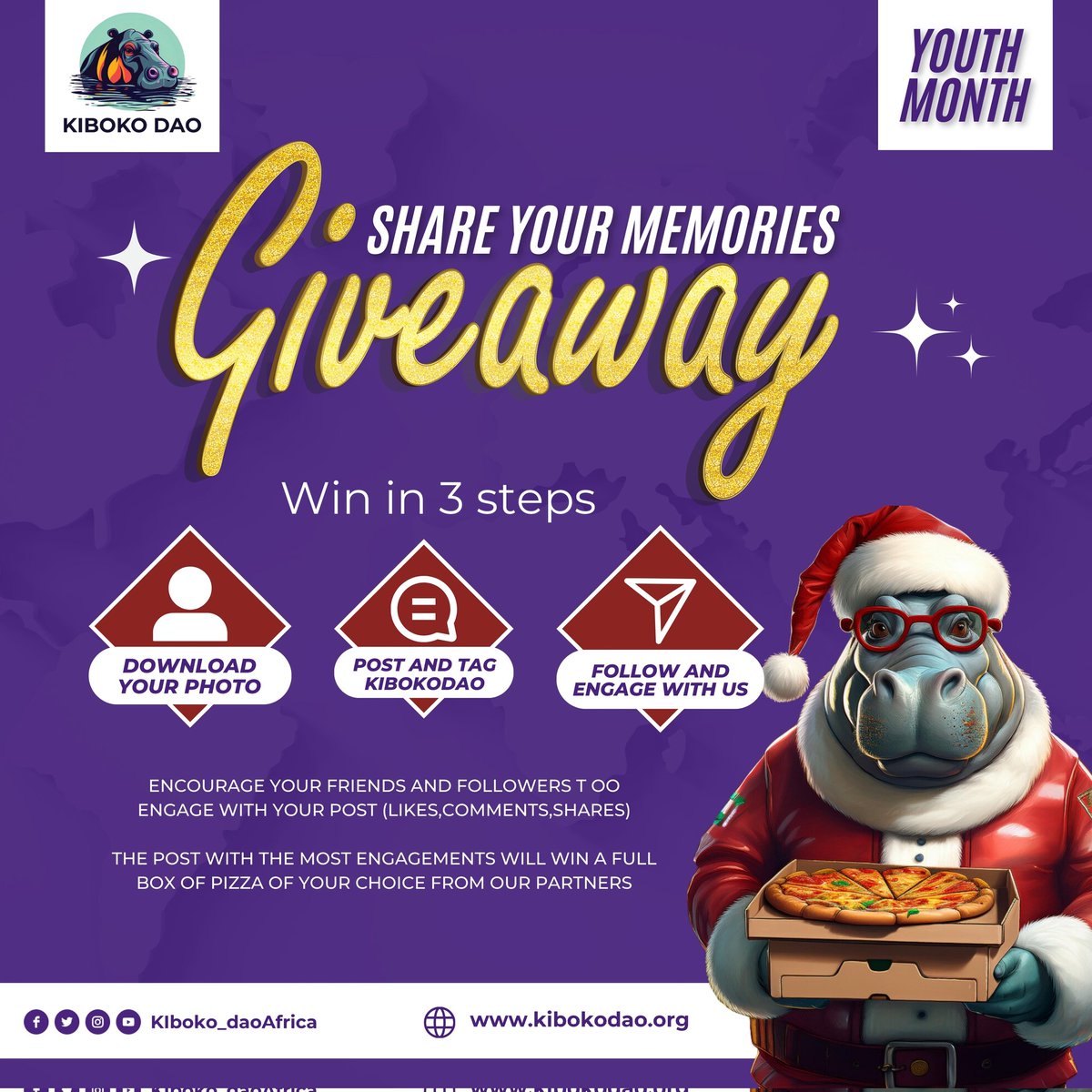 KibokoDAO's tweet photo. Thank You for Celebrating Youth Month with Us!

​Hey there, we hope this post finds you well! On behalf of our team, we want to extend a heartfelt thank you for joining us during the Youth Month Campaign at the University of Nairobi. Your presence and enthusiasm made this event truly special.

​Share Your Memories and Win!

​We’ve captured some amazing moments from the event, and we’d love for you to share them with the world! Here’s how you can participate in our exciting giveaway:

 ​Download Your Pictures: Find your pictures here: Event Photos.

 ​Post on Twitter: Share your favorite pictures on Twitter and tag @Pizza_DAO (link) and @KibokoDAO (link).

 ​Follow Us: Make sure you’re following both @Pizza_DAO and @KibokoDAO on Twitter.

 ​Engage: Encourage your friends and followers to engage with your post (likes, comments, shares).

​The campaign runs from 24th November 2024 to 5th December 2024

​The Prize:

​The post with the most engagement will win a full box of pizza of your choice from our partners!

​Let’s spread the excitement and showcase the vibrant community we’re building together. Don’t forget to use your creativity when posting—we can’t wait to see your memories!

​Once again, thank you for being part of this journey. Together, we can build a stronger, more innovative future for youth in tech.

​Warm regards,

​Aziz
Communications Director
Kiboko DAO.