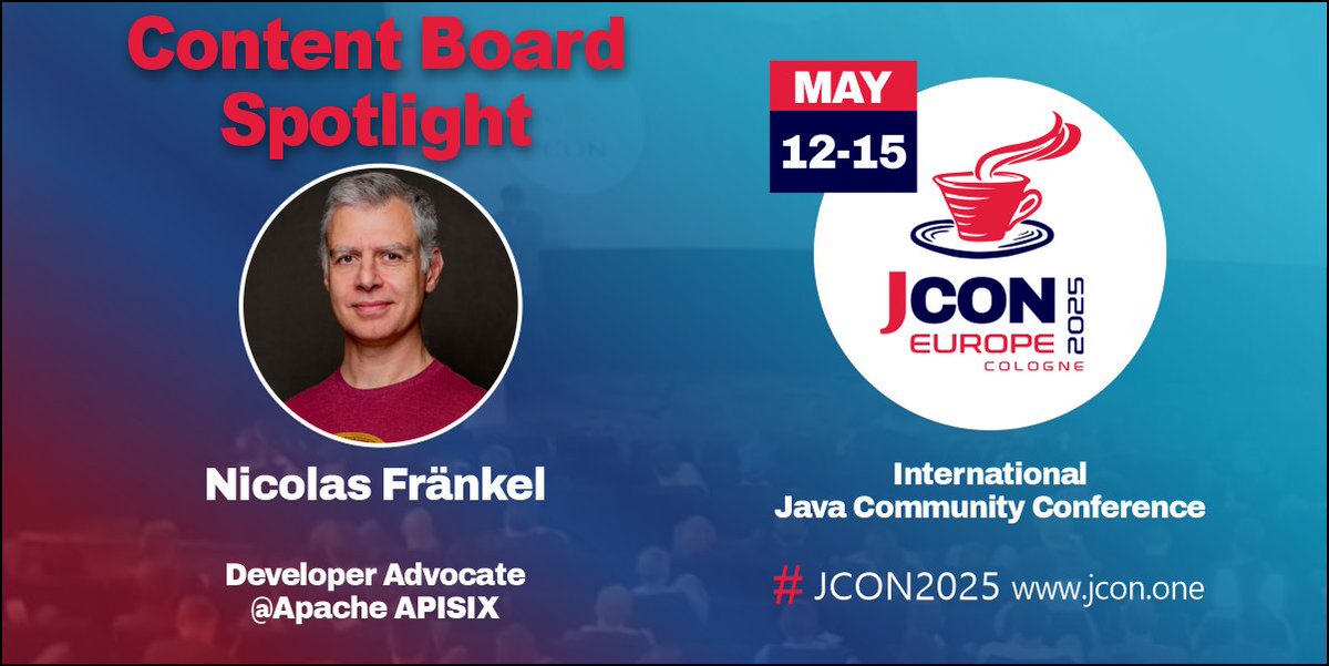 jcon_conference's tweet photo. Meet our #JCON #ContentBoard
Today's 10 am spotlight: @nicolas_frankel
#Developer Advocate for @ApacheAPISIX
As a Blogger, #Author and Consultancy at @GarmSol he's curious but pragmatic.
Say hello and hope for a high vote from him ;)
Submit by Nov 29 ๐ https://t.co/D6AKPxgA9E
#JCON2025 #CFP #Java
