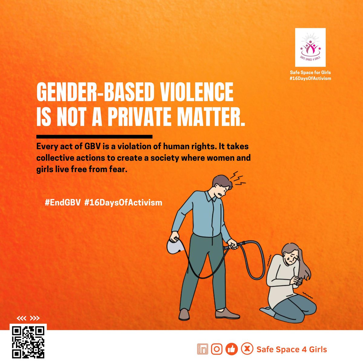 Gender-based violence is never a private matter, it’s a human rights violation. Speak up. Take action; To #EndGBV on this #16DaysOfActivism.

#SafeSpace4Girls creating a world where women and girls live safely and in dignity.