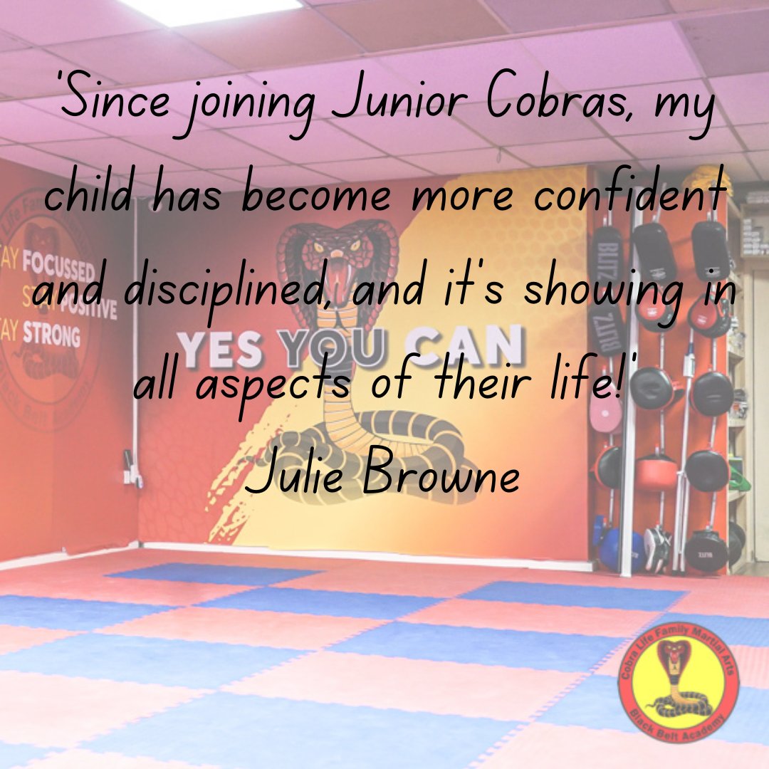 Testimonial Tuesday! 🌟 'Since joining Junior Cobras, my child has become more confident and disciplined, and it’s showing in all aspects of their life!' - Julie Browne 🥋 What has your child gained from martial arts training? #TestimonialTuesday #JuniorCobras