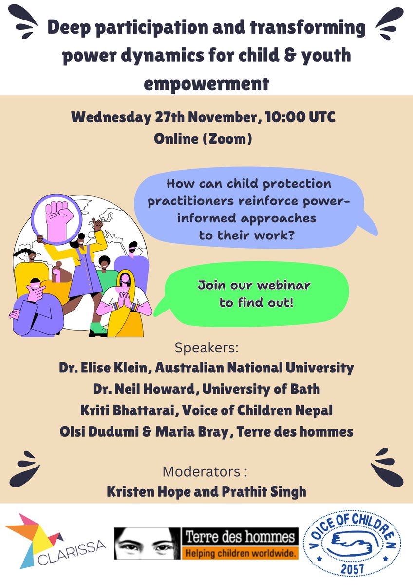 🆒 Tomorrow, 27 Nov, 10:00 UTC, join us for an online session on deep participation and transforming dynamics for child &amp; youth empowerment.

➡️ Learn more &amp; register: us02web.zoom.us/webinar/regist…