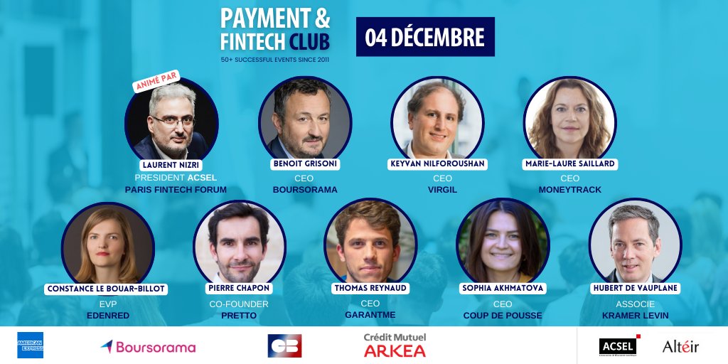 Acsel (@acseldigital) on Twitter photo ⏳ Dernière semaine pour vous inscrire au Payment & Fintech Club du 4 décembre !
Nous avons réuni +de 10 CEO et DG pour ce grand RV de la communauté Paiement & Fintech.
<a href="/Boursorama/">Boursorama</a>, <a href="/Edenred/">Edenred Group</a>, <a href="/MTK_blockchain/">MoneyTrack</a>, <a href="/garantme/">Garantme</a>, <a href="/pretto/">Pretto</a>, @kramerlevin, Coup de Pousse & Virgil seront ⏳ Dernière semaine pour vous inscrire au Payment & Fintech Club du 4 décembre !
Nous avons réuni +de 10 CEO et DG pour ce grand RV de la communauté Paiement & Fintech.
<a href="/Boursorama/">Boursorama</a>, <a href="/Edenred/">Edenred Group</a>, <a href="/MTK_blockchain/">MoneyTrack</a>, <a href="/garantme/">Garantme</a>, <a href="/pretto/">Pretto</a>, @kramerlevin, Coup de Pousse & Virgil seront