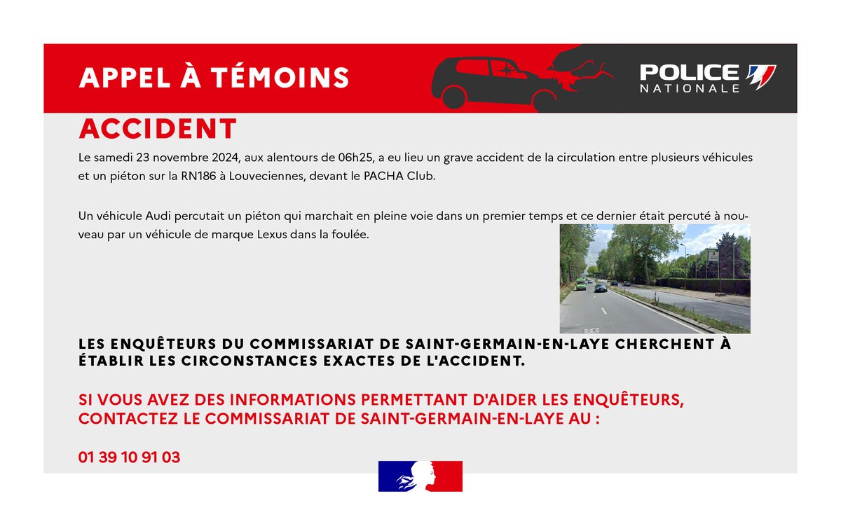 PoliceNat78's tweet photo. #AppelàTémoins | Merci de vos RT afin d'aider les enquêteurs de la #police des Yvelines à déterminer les circonstances exactes de cet accident survenu à #Louveciennes le 23/11/2024, sur la RN186. https://t.co/Fx5O7nj8ZW