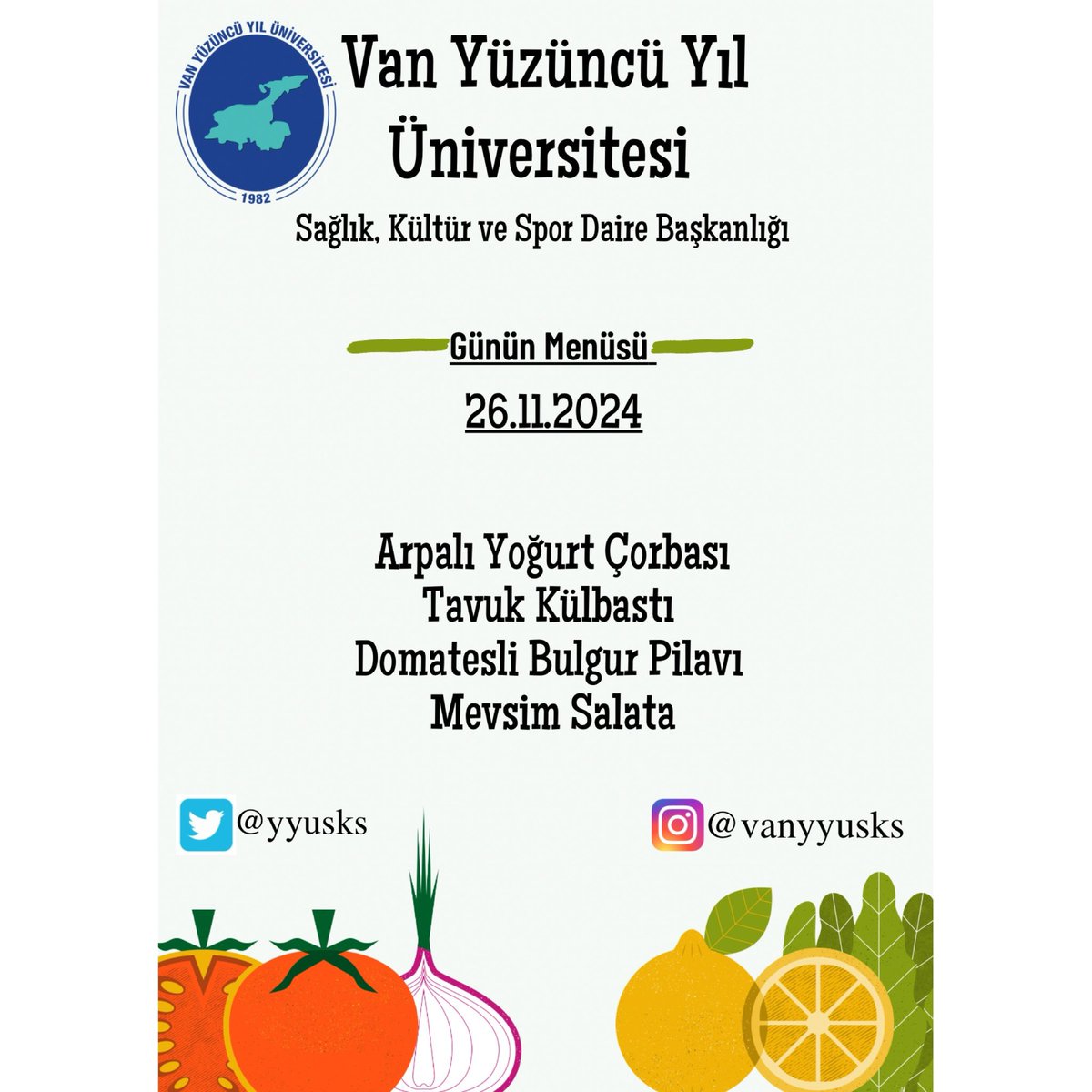 Günün Menüsü 

~Arpalı Yoğurt Çorbası 
~Tavuk Külbastı
~Domatesli Bulgur Pilavı 
~Mevsim Salata

Afiyet olsun.