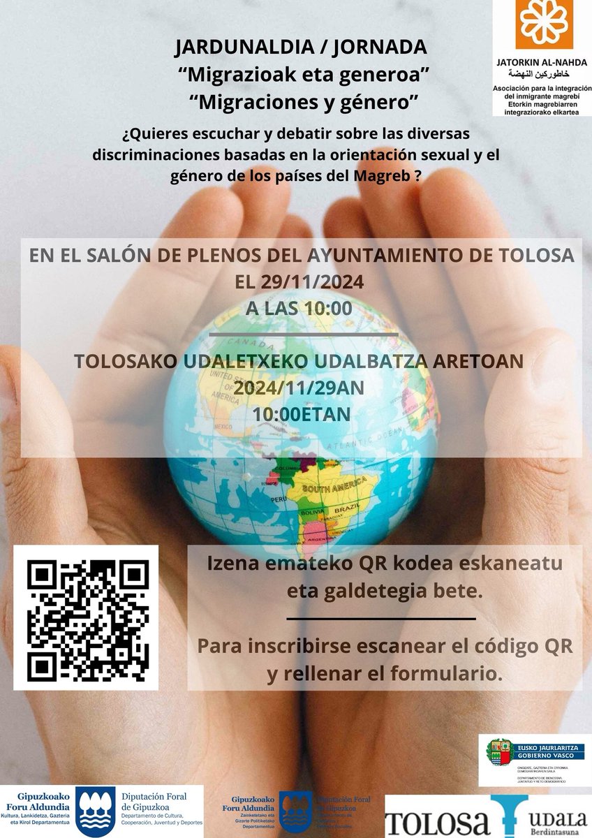 Jatorkin's tweet photo. Os recordamos que este viernes, 29 de noviembre, realizaremos una jornada sobre migraciones y género. ¡Te esperamos!

Gogorarazi nahi dizuegu ostiral honetan, azaroaren 29an, migrazioei eta generoari buruzko jardunaldi bat egingo dugula. Zuen zain egongo gara! https://t.co/DNUZiQSx28
