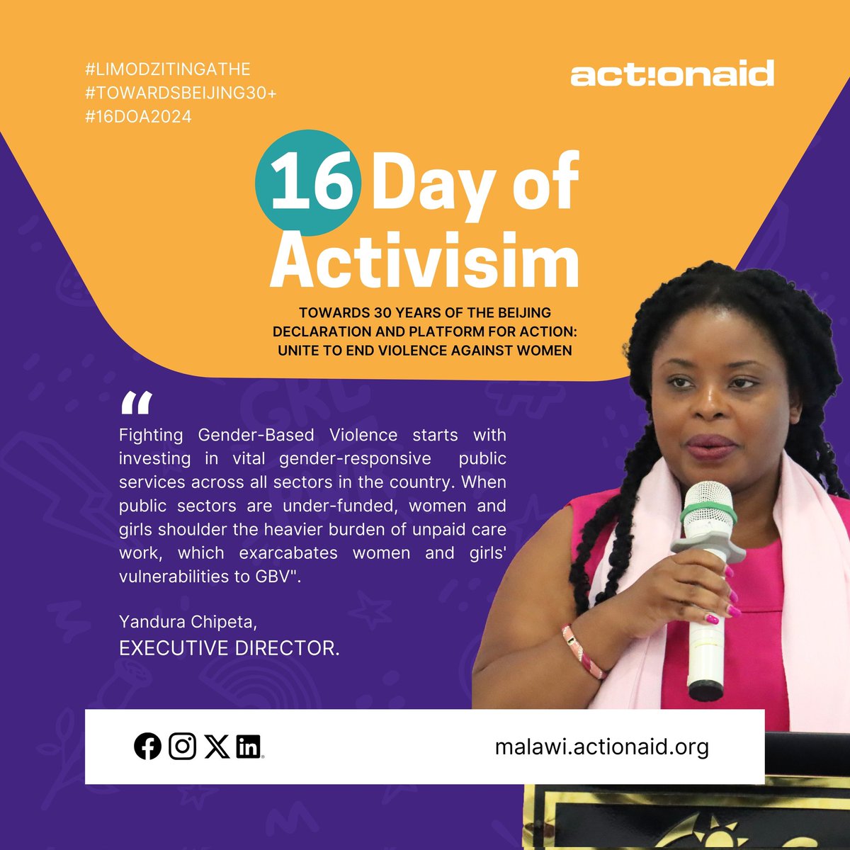 "Fighting GBV starts with investing in vital gender-responsive  public services across all sectors in the country. When public sectors are under-funded, women &amp; girls shoulder the heavier burden of unpaid care work, which exarcabates women and girls' vulnerabilities to GBV"