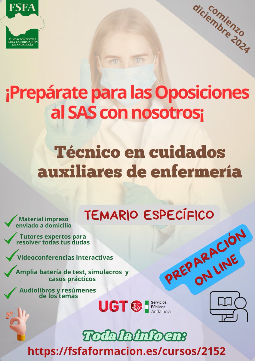 FSFAformacion's tweet photo. Prepárate para las OPOSICIONES SAS de TCAE con nuestra FORMACIÓN ONLINE
Con nuestra formación online especializada en el TEMARIO ESPECÍFICO para TCAE de la OPE del SAS:
#TCAE #FSFA #UGT #teleformación #OEP #SAS
Toda la INFO: https://t.co/nGQ1aMaZGh https://t.co/w8bJCh0oFt