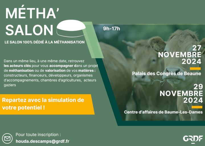 Prodeval_biogas's tweet photo. 𝗠𝗲𝘁𝗵𝗮’ 𝗦𝗮𝗹𝗼𝗻 🇫🇷
Retrouvez-nous cette semaine pour faire avancer votre projet de biogaz !
📍 27 nov | Beaune
📍 29 nov | Baume-les-Dames
Découvrez nos solutions d'épuration du #biogaz, de liquéfaction de #bioCO2 et notre offre complète de #services.
#gazrenouvelable https://t.co/3Jt37zidYL