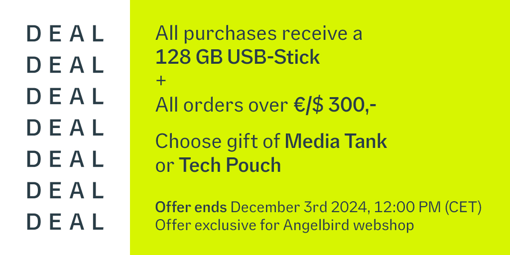 If you've already added to cart, now is the time to buy!
Angelbird Holiday Deals are here! Receive a special gift with purchase when you upgrade your kit with the latest gear. 
Hurry to angelbird.com now! Limited time only, while supplies last