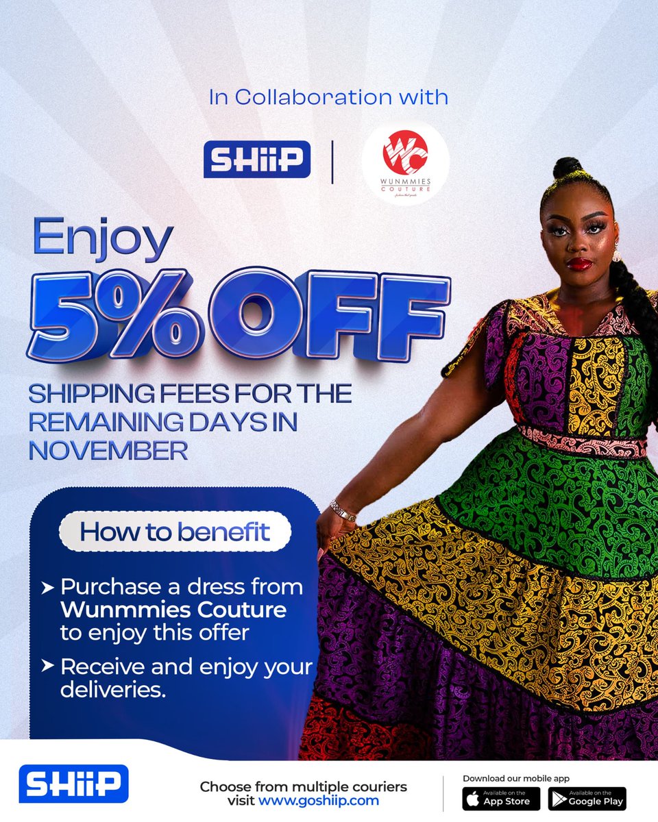 go_shiip's tweet photo. We've partnered with @WunmmiesCouture  to give up an irresistible offer😁.

Enjoy 5% OFF your shipping fees for the remaining days of November! You can shop with for the perfect outfit and enjoy shipping discounts with us.

Don’t wait too long – this offer is ticking away. https://t.co/o1uKgj5yiO