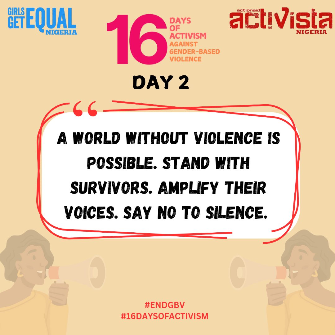 A world without violence is possible. Stand with survivors. Amplify their voices. Say NO to silence. 

#EndGBV 
#EndGBVNow 
#EndGenderBasedViolence 
#16DaysOfActivism2024