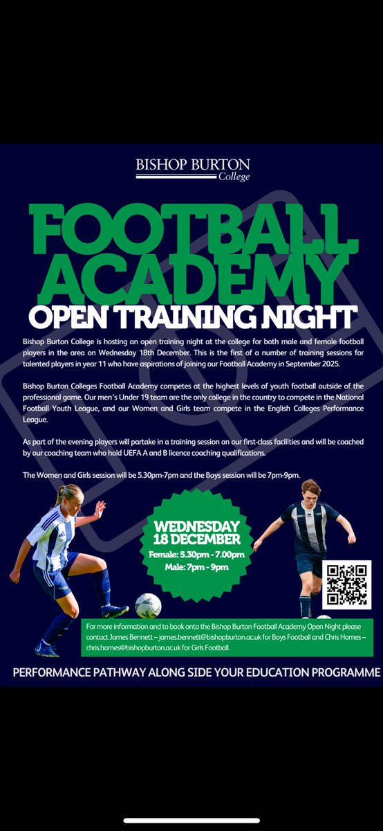 Are you a talented footballer in year 11? We are hosting a football academy open training night on Wednesday 18th December for Boys and Girls. Please see details below and use QR code to book on ⚽️