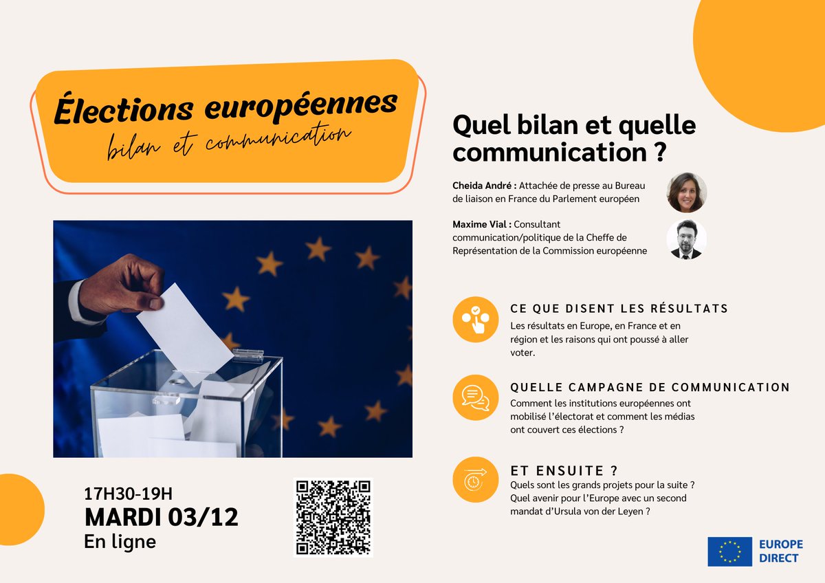 "Election" rime toujours plus avec "communication". 

Rejoignez-nous le 03/12 à 17h30 pour une conférence en ligne "Elections européennes : bilan d'une campagne de com." ! 🇪🇺

🔗inscription : tinyurl.com/8tpzwvv7 

<a href="/UEFrance/">Commission européenne 🇪🇺</a> <a href="/Europarl_FR/">Parlement européen en France</a> <a href="/EuropeDirectCTG/">Europe Direct Territoires Lorrains</a>